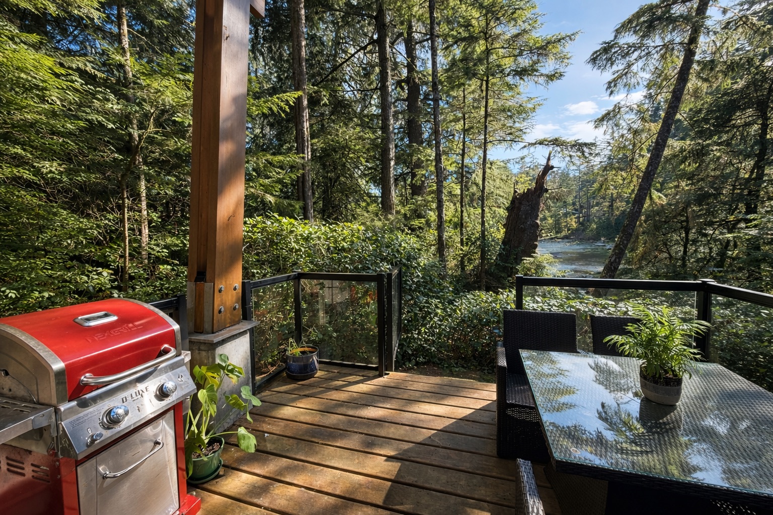 Terrasse extérieure, barbecue et vue sur la forêt